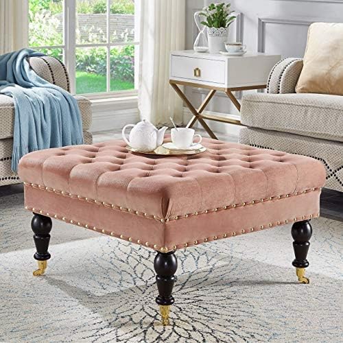 24kf Large Square Upholstered Tufted Button Velvet Ottoman Coffee Table Large Footrest Bench With Golden Caters Rolling Wheels Blush Golden Buy Online At Best Price In Uae Amazon Ae