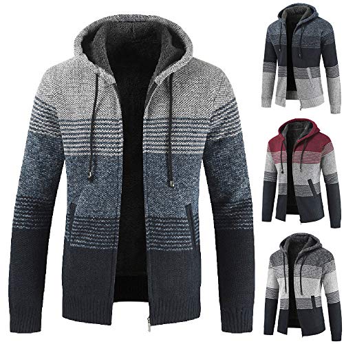 Autumn Winter Packwork Hooded Zipper Jacket Knit Cardigan Long Sleeve Coat Men Gray