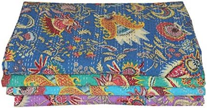 Set of 4 Multicolor Mukut Print Queen Size Kantha Quilt, Kantha Blanket, Bed Cover, King Kantha bedspread, Bohemian Bedding Size 90x108 Inch