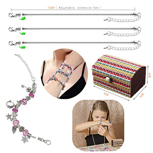 Bracelet Making Kit, 56pcs DIY Jewelry Making Kit with 3pc Silver Plated Bracelets Chains - Charm Bracelets for Girls Teen Kids, Great Christmas Birthday Welcome Handmade Craft Gift