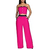 KANSOON Two Piece Outfits for Women Strapless Top and High Waist Wide Leg Pants Vacation Going Out Set