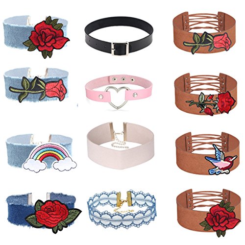 Tpocean 12PCS Women Leather Printed Flower Embroidery Choker Necklace Jewelry Collar Choker Set