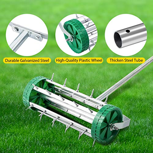 VEVOR 18" Push Aerator, Rolling Lawn Aerator, 50" Adjustable Handle Spike Aerator Roller, Green
