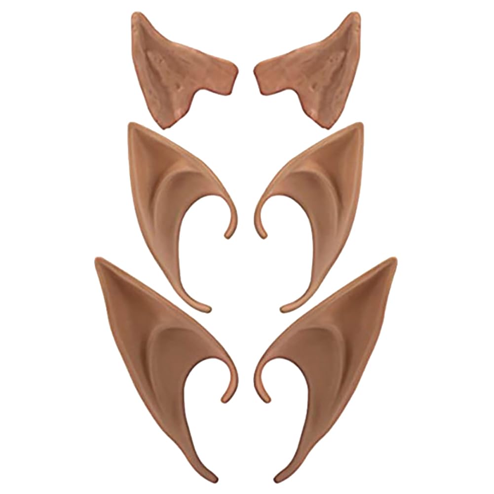 JIHUOO 3 Pairs Fairy Pixie Elf Ears Halloween Cosplay Elf Ears Soft Pointed Ears Tips Anime Party Dress Up Costume Masquerade Accessories Dark Brown