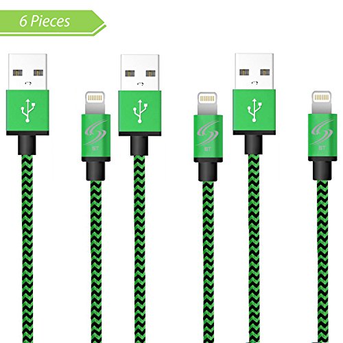 StyleTech Inc. Aluminum Nylon Braided Series 10 Feet 8 Pin Lightning Syncing Charging Data USB Cable for iPhone 7/6s/6/5/5s/SE/Plus iPad Mini/Air/Pro (1.) Green - 6 Pieces)