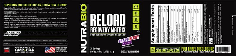 NutraBio Reload - Powerful Muscular Recovery Formula - Post-Workout Supplement - 3G Creatine - 8G BCAAs - 5G Glutamine - 30 Servings, Grape Berry Crush