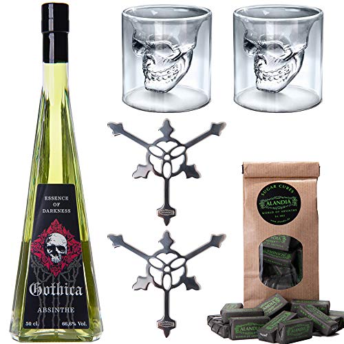 Gothic Absinth Set | 1x Gothica Absinth 66.6 | 2x Skull Absinth Gläser 2x Absinth Löffel 1x Absinth Zucker | 0,5 l