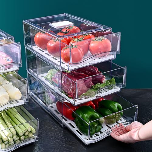 Clear Stackable Fridge Organizers & Storage XVersion 2PCS Large Fridge Storage Containers with Draining Tray - Organizer Boxes for Vegetables & Fruits (V2)