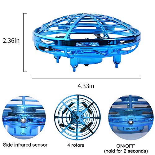 UFO Flying Ball Toys, Hand-Controlled Mini Drone, Infrared Sensing Aircraft,Anti-Injury Protective Shell,2 Speeds with LED Lights,360 Degree Rotating,Interactive Toys for Boys and Girls,Blue