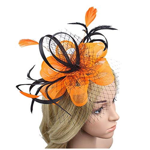 Fascinators for Women,Women's Vintage Flower Feather Mesh Net Fascinator Hair Clip Hat Party Wedding (9'', Yellow)