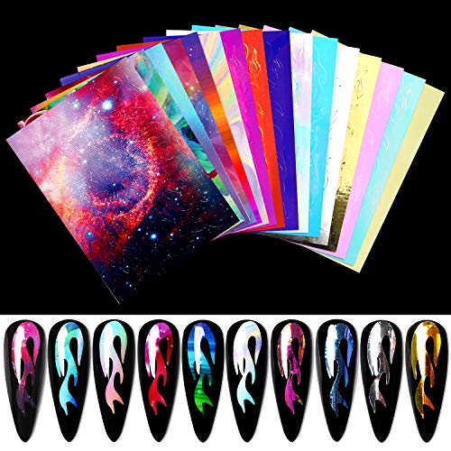 Modelones Flame Reflections Nail Stickers-16 PCS Fire Nail Decals for Gel Nail Polish Acrylic Powder Nail Art Holographic 3D Stickers with Tweezers Manicure Nail DIY Decoration