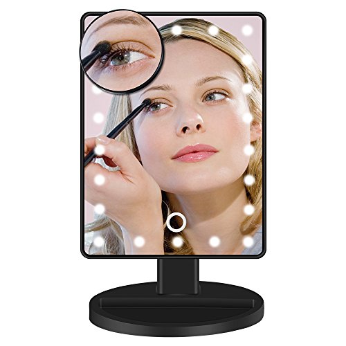 BEW Lighted Makeup Mirror/Vanity Mirror with 22 LED lights &Touch Screen Dimming, Detachable 10X Magnification Spot Mirror,Valentine's Day Gift (Black)