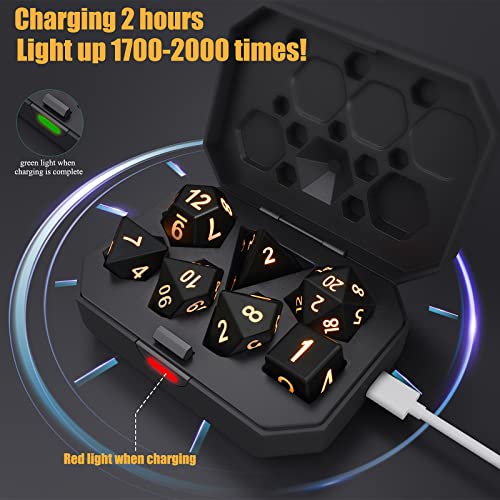 Rechargable DND Dice Set, Light Up Dice with Charging Box, 7 PCS LED Electronic Dices, Dungeons and Dragons Dice Polyhedral Dice Sets for MTG Pathfinder Role Playing Game (Black Shell + Warm Light)