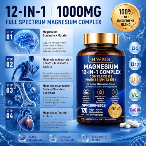 Magnesium Complex 1000mg 12 in 1 Magnesium Supplement with Glycinate Citrate Malate Oxide Taurate Aspartate Orotate Magnesium Relaxation,Muscle, Vegan 120 Capsules