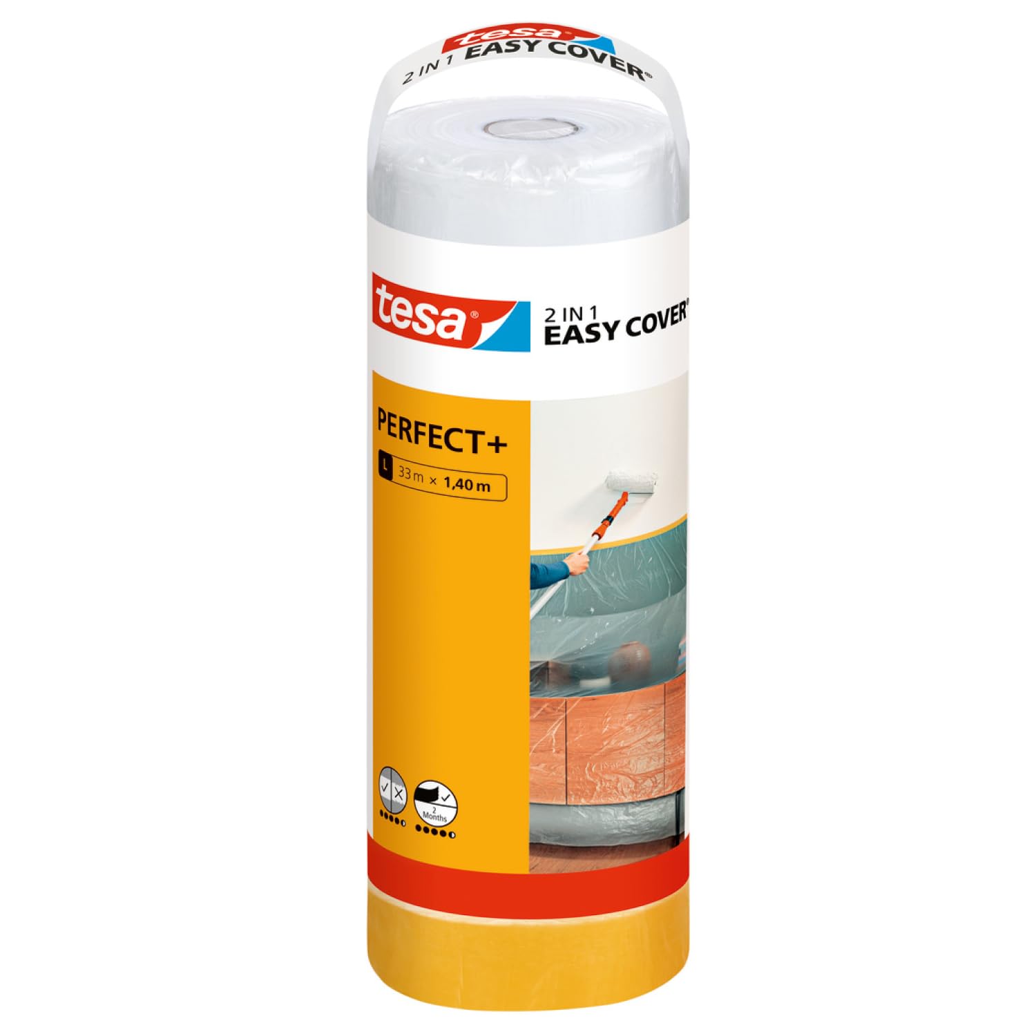 tesa Easy Cover PerfectPlus Refill L - 2in1 Masking Film with Painter's Tape made of Washi Paper - for masking and covering during painting work - 33 m x 140 cm