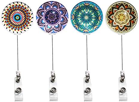 ID Badge Holder Retractable,Glass Retractable Badge Holder, ID Badge Reel with Print Pattern 360°Alligator Swivel Clip 4 Pack (Kaleidoscope)