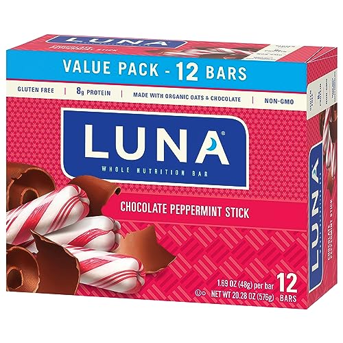 LUNA BAR – CHOCOLATE PEPPERMINT STICK FLAVOR – GLUTEN FREE SNACK BARS – NON-GMO – PROTEIN BARS – MADE WITH ORGANIC OATS – VALUE PACK (12 PACK)