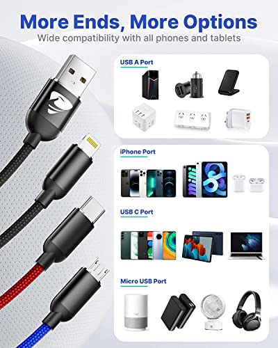 3 in 1 Charging Cable, Multi Charging Cable 2Pack 1.2M Multi Charger Cable Fast Charging with Type-C, Micro USB and iPhone Port, Compatible with iPhone 14 13 Galaxy S20 S9 & Micro USB