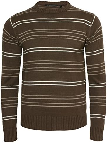 Emporio By Raves Men's Striped Jumper Emporio Crew Neck Casual Sweater Knitwear Pullover Small Brown