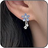 Blue Enamel Flower Stud Earrings for Women Sweet Lovely Rhinestone Bloom Petal Dangle Earrings Delicate Crystal Flower Drop Earrings Fairy Jewelry Gift