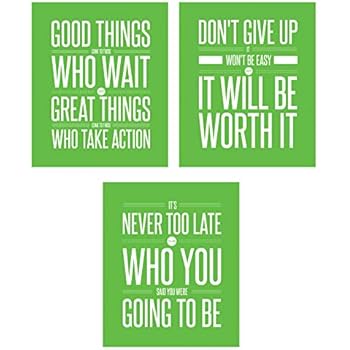 Don't Give Up 3 Poster Set Motivational Inspirational Quote Wall Workout Sports Art Boy Girl Teen Fitness Wall Home Decor Office Classroom Dorm Room Gym Entrepreneur (8 x 10 Lime Green)