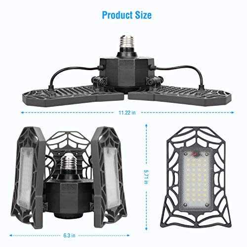 Led Garage Light, Vorida 8000LM E26/E27 Basement Deformable 80W Garage Lights, Led Garage Ceiling Light Fixture with 3 Adjustable Light Panels for Garage, Warehouse and Workshop(NO Motion Activated)