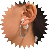 Iaceble Boho Cz Pearl Huggie Hoop Earrings Gold Pearl Stud Earrings Exaggerated Crystal Circle Hoop Earrings Large Pearl Bead Earrings Hollow Circle Dangle Earrings Jewelry for Women