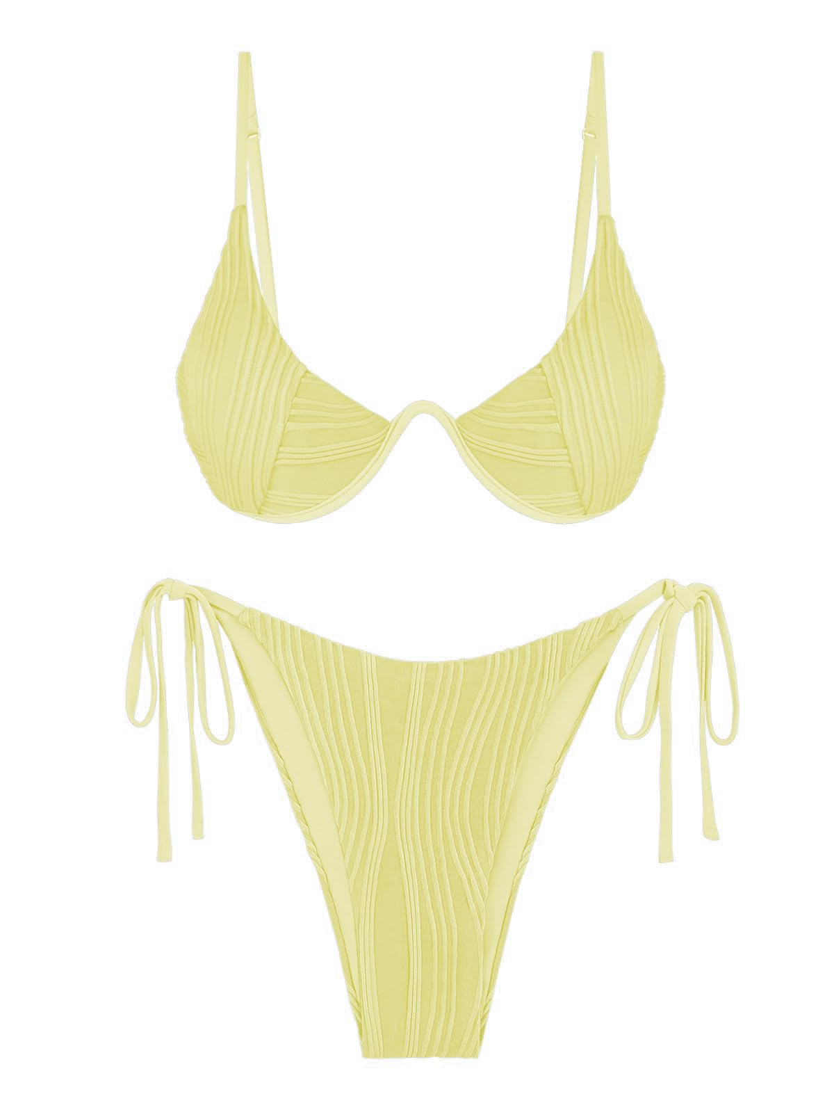 Photo 1 of ZAFUL Women's Textured Underwire Bikini Set V Notch High Cut Swimwear Tie Side Ribbed Sexy Swimsuits