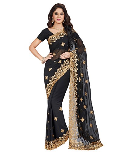 Shonaya Women's Embroidered Georgette Black Designer Saree With Unstitched Blouse Piece