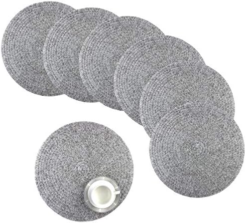 Round Placemats for Dining Table Plastic Kitchen Placemats Woven Vinyl 15 Inch Heat Insulation Easy to Clean Set of 6 （Grey）