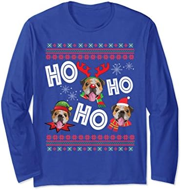Unisex HO HO HO English Bulldog Long Sleeve Funny Dog Xmas Gift Large Royal Blue