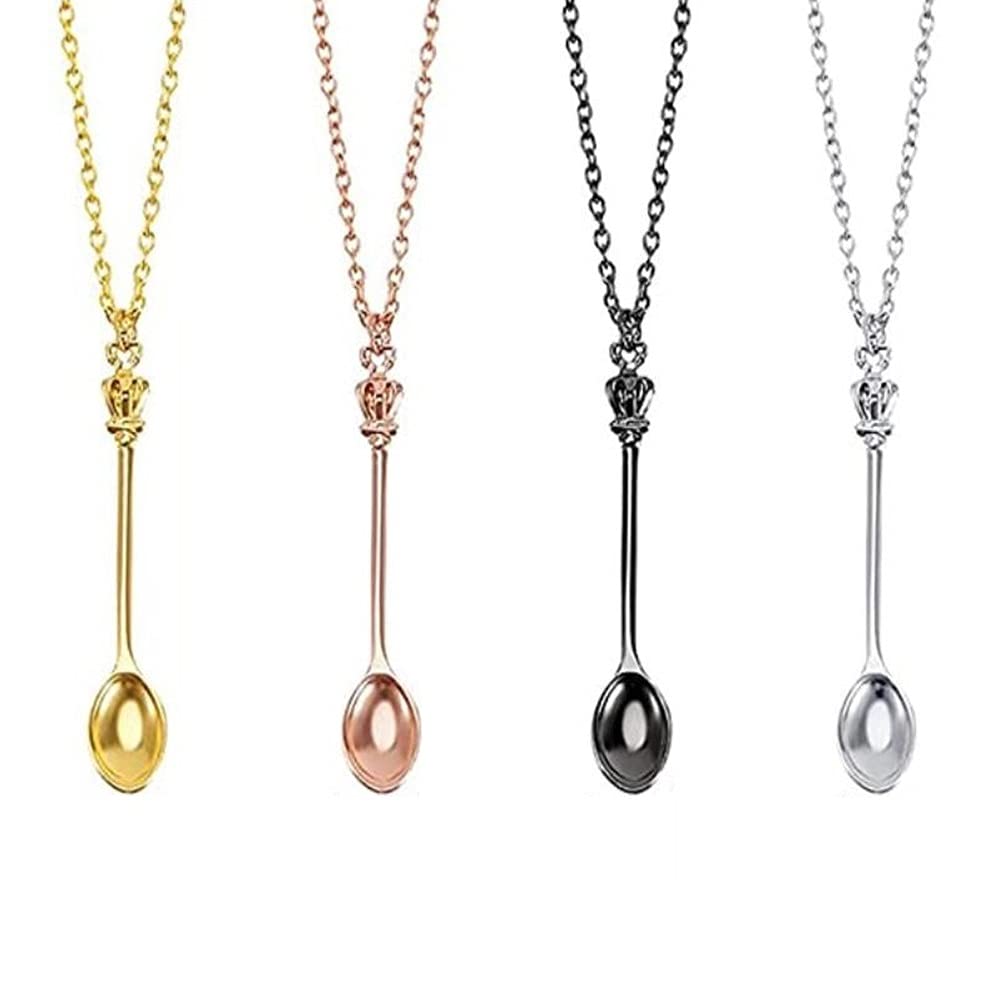 KOMUNJ Charm Mini Tea Spoon Necklace, 4 Pieces in Silver, Gold, Rose Gold, Black - for Fancy Dress Party Favors