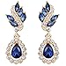 EleQueen Women's Austrian Crystal Art Deco Tear Drop Dangle Earrings Clip-on Gold-tone Sapphire Color