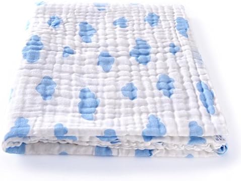 Muslin Baby Bath Towel with lovely Blue Cloud floral.Fluffy Antibacterial Organic Cotton for sensitive Skin, 6 layer 41''x41'' also for Blanket.