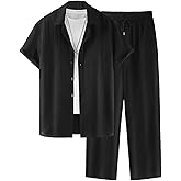 Men's 2 Piece Outfit Button Down Short Sleeve Loose Pants Set Summer Beach Vacation Outfits