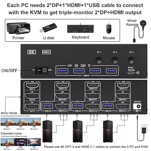 KVM Switch 3 PC 3 Monitore 8K@60Hz,MLEEDA HDMI Displayport KVM Switch Triple Monitor für 3 PC Teilen 3 Monitors und 4 USB3.0-Geräte, mit 12V DC Netzteil,Verdrahtet Fernbedienung und 3 USB-Kabel 4