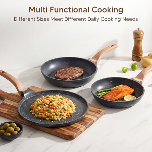 OSLIFE Juego de Sartenes Antiadherentes Granito, 3 Piezas: Sartén Pequeño 21 cm, Sartén Grande 25 cm y Sartén para Crepas 30 cm, Saludable, Apto para Gas, Inducción y Eléctrica, crepera，Libre de PFOA