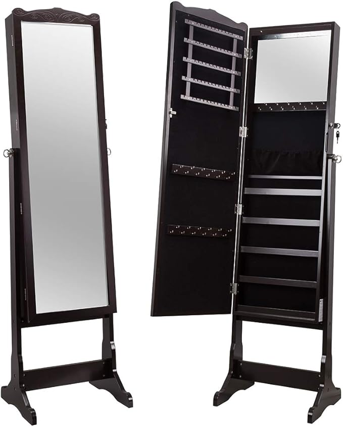 TOUCHXEL Gabinete Joyero de Pie con Espejo, Armario para Joyas para Anillos/ Pendientes/ Collares/ Relojes/ Cosméticos/ Pulseras 36 x 36 x 152cm - Marrón