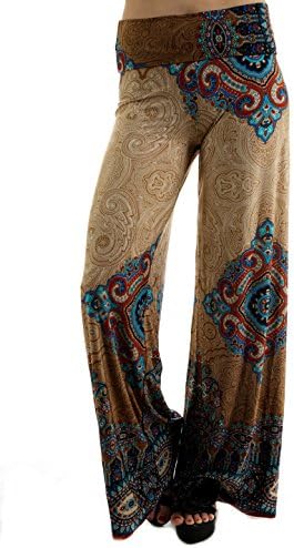 Uptown Apparel Women's Fold Over Waist Wide Leg Boho Printed Palazzo Pants - Made in USA (XXXL, MOCHA)