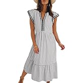 Dokotoo Womens Dresses 2026 Summer V-Neck Ruffle Cap Sleeve Empire Waist Flowy Striped Beach Midi Maxi Dress with Pockets