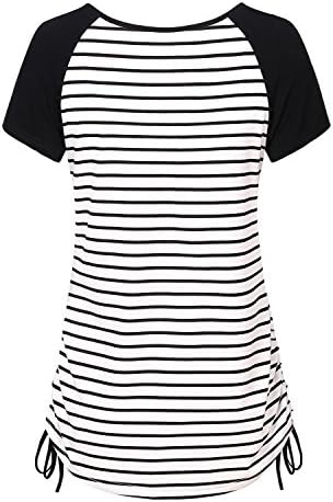Vinmatto Women's Short Sleeve V Neck Adjustable Drawstring Sides Shirring Striped Henley Shirts