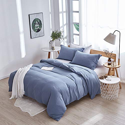 Dreaming Wapiti Duvet Cover Queen,Washed Microfiber Haze Blue Queen Size Duvet Cover Set,Solid