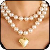 Layered Chunky Beaded Pearl Choker Gold Puffy Love Heart Pendant Necklace for Women Statement, Vintage Pearls Beads Chain Necklaces Charm Prom Jewelry