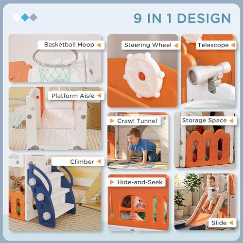 Qaba Toddler Slide, 9 in 1 Slide for Kids with Basketball Hoop, Climber, Telescope, Tunnel, Steering Wheel, Aisle, Storage Baskets, Indoor Slide Playset for 1-3 Years, Orange