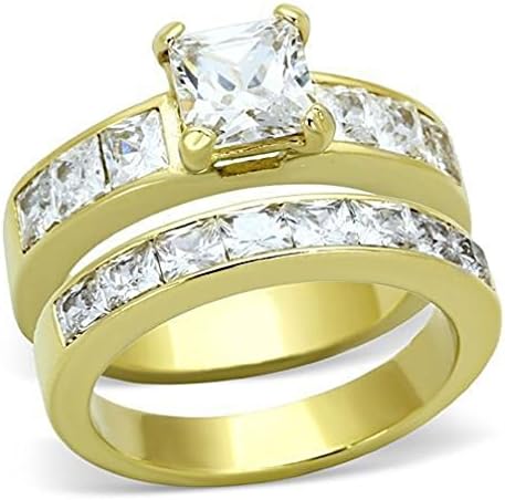 Jewelryfinds His Hers Stainless Steel Princess Cz Wedding Engagement Golden Plated 3Pc Ring Set