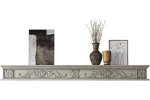 KALSUBO Floating Fireplace Mantel Shelf 60 Inch Carved Rustic-Style Vintage Long Floating Shelves for Wall,Gray-White Tones, Suitable for Living Rooms 、Bedrooms.