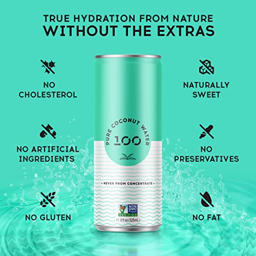 100 Coconuts Pure Coconut Water 11 fl oz cans, 12 Pack 100 Natural