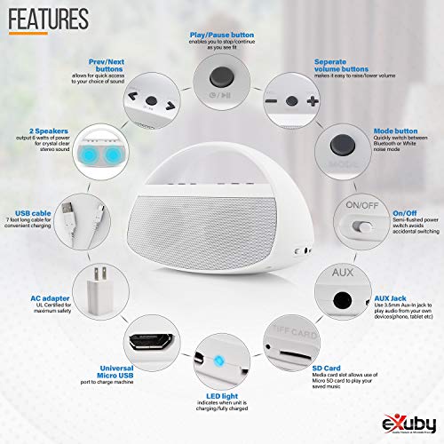 White Noise Machine Baby - Put Your Baby to Sleep w/ 20 Soothing Sounds; Fan, Rain, Ocean, Office & More - Stylish & Modern Design Bluetooth Speaker - Crisp Stereo Sound Matte White