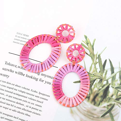 Statement Earrings for Women Rattan Drop Hoop Raffia Geometric Handmade Rainbow Earring Daily Party with Gift Box HLE142 Purple Pink - Thumbnail 5