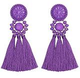 Vesungime Bohemian Statement Thread Tassel Earrings - Chandelier Drop Dangle Cassandra Long Stud Earrings(12 colors available)(Purple)